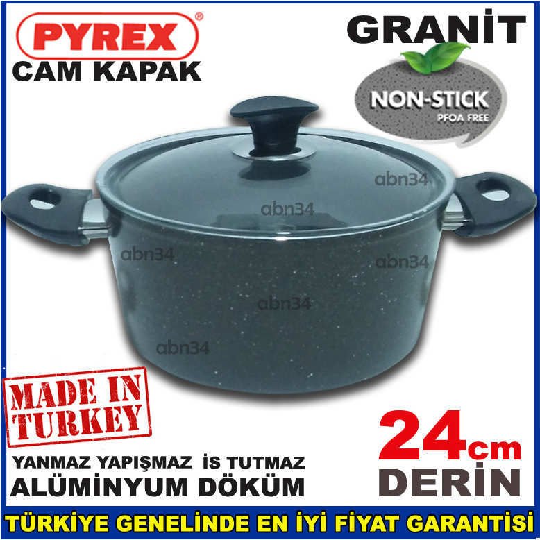 24cm Döküm Alüminyum Granit Tencere Full Granit Kaplama Cam Kapakli Ezme Alüminyum Derin Tencere abn