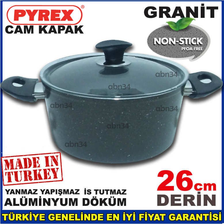 26cm Döküm Alüminyum Granit Tencere Full Granit Kaplama Cam Kapakli Ezme Alüminyum Derin Tencere abn