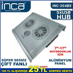 İNCA INC-354BX ALÜMİNYUM PANEL SÜPER SESSİZ CİFT FANLI 7''-17'' NOTEBOOKLAR İÇİN NOTEBOOK SOĞUTUCU
