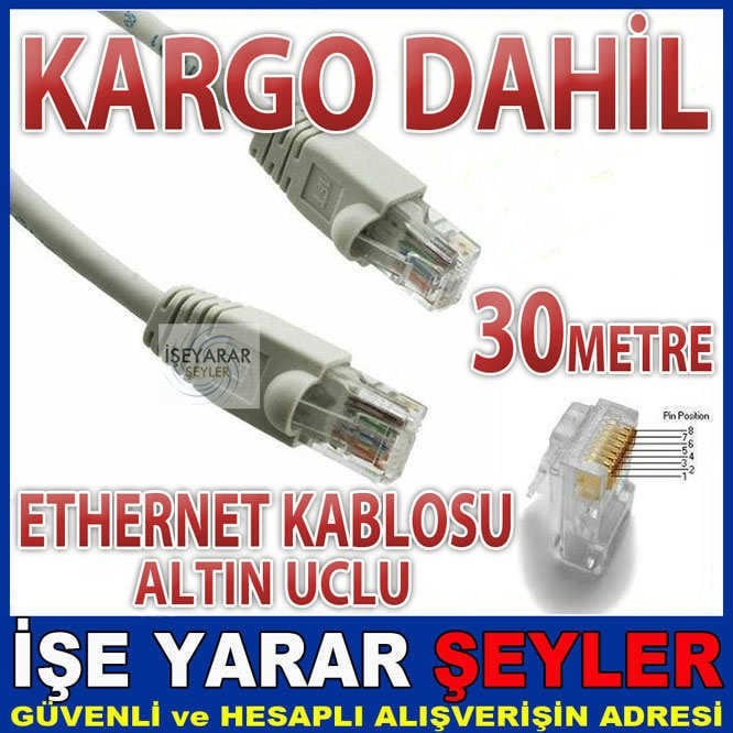 ALTIN UÇLU ETHERNET KABLOSU 2 RJ45 UÇ 30 METR KD