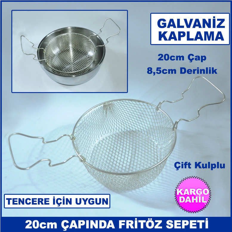 20cm Çapında 8,5cm Derinliğinde Çift Kulplu Galvaniz Kaplama Fritöz Sepeti - Tencere İçi Süzgeç