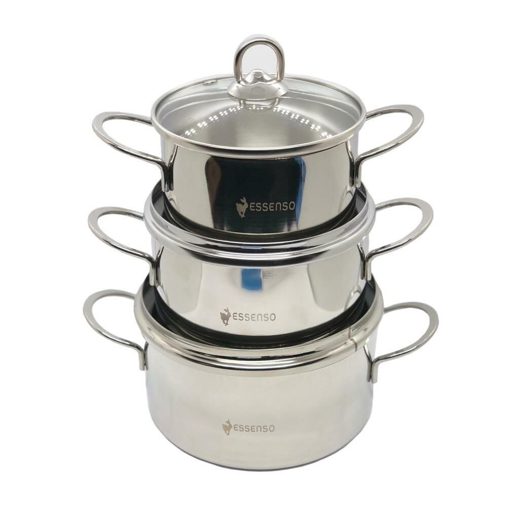 3'lü Süper Tencere Seti 304 Kalite 18/10 CR Nİ Paslanmaz Çelik Cam Kapaklı Isıtma ve Saklama Tencere