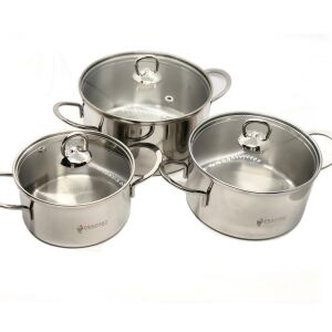 3'lü Süper Tencere Seti 304 Kalite 18/10 CR Nİ Paslanmaz Çelik Cam Kapaklı Isıtma ve Saklama Tencere