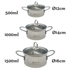 3'lü Süper Tencere Seti 304 Kalite 18/10 CR Nİ Paslanmaz Çelik Cam Kapaklı Isıtma ve Saklama Tencere
