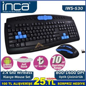 İNCA ANDROİD DESTEKLİ 10mt ÇALIŞMA UZAKLIĞI USB GİRİŞLİ KABLOSUZ MULTİMEDİA KLAVYE VE MOUSE
