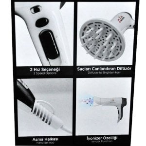 Contı Saç Kurutma Makinesi İyonizerli 2300w Difüzörlü 2 Kademeli Hız Seçeneği - 2 Yıl Garantili