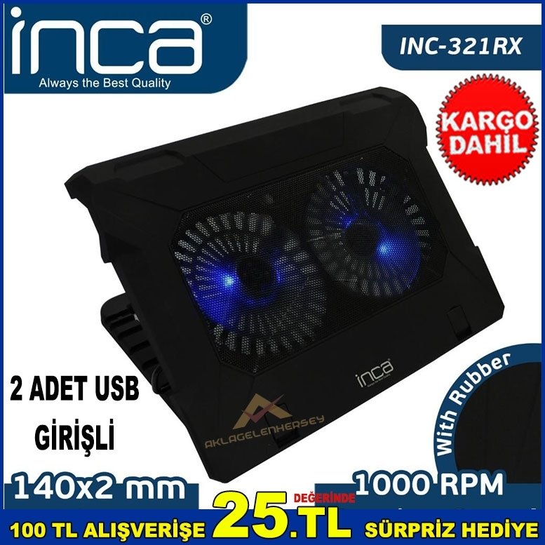 INCA 2USB GİRİŞLİ FAN,STAND,WİTH RUBBER NOTEBOOK SOĞUTUCU SİYAH