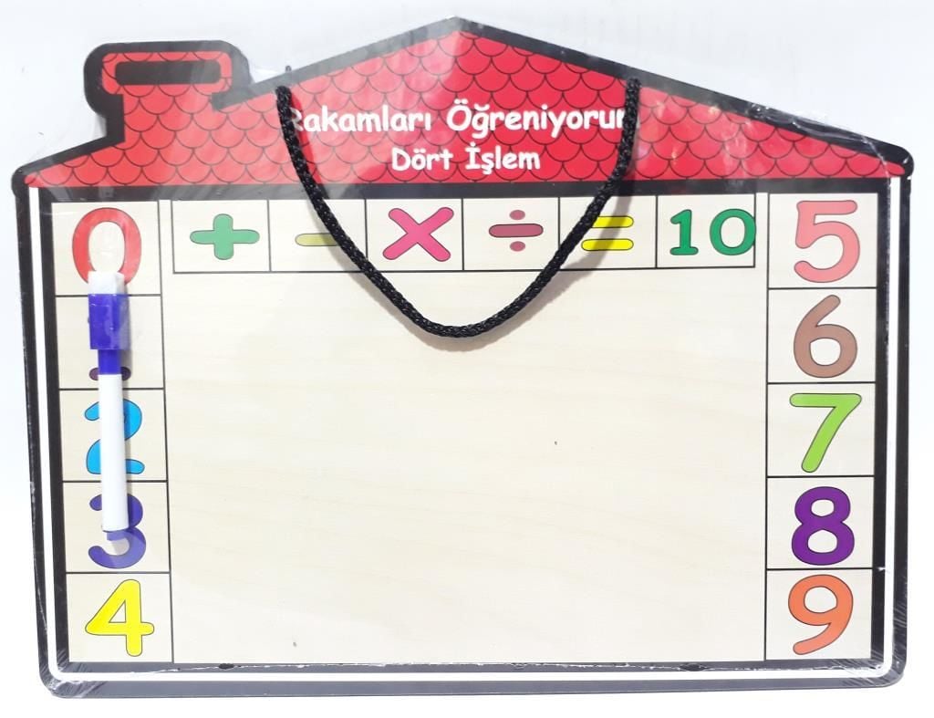 Ahşap Ev Model İki Yüzlü 38x29cm Ebatında Özel Kalemli Yazı Tahtası Rakamları Öğreniyorum 4 İşlemle