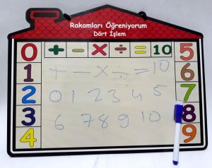 Ahşap Ev Model İki Yüzlü 38x29cm Ebatında Özel Kalemli Yazı Tahtası Rakamları Öğreniyorum 4 İşlemle