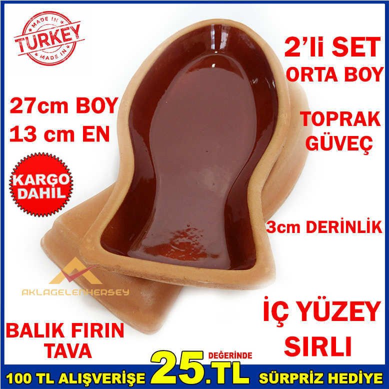 27cm 2'li ORTA BOY TOPRAK GÜVEÇ BALIK FIRIN TAVA