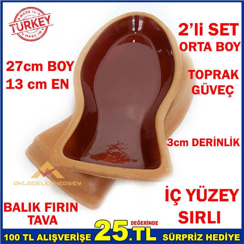 27cm 2'li ORTA BOY TOPRAK GÜVEÇ BALIK FIRIN TAVA
