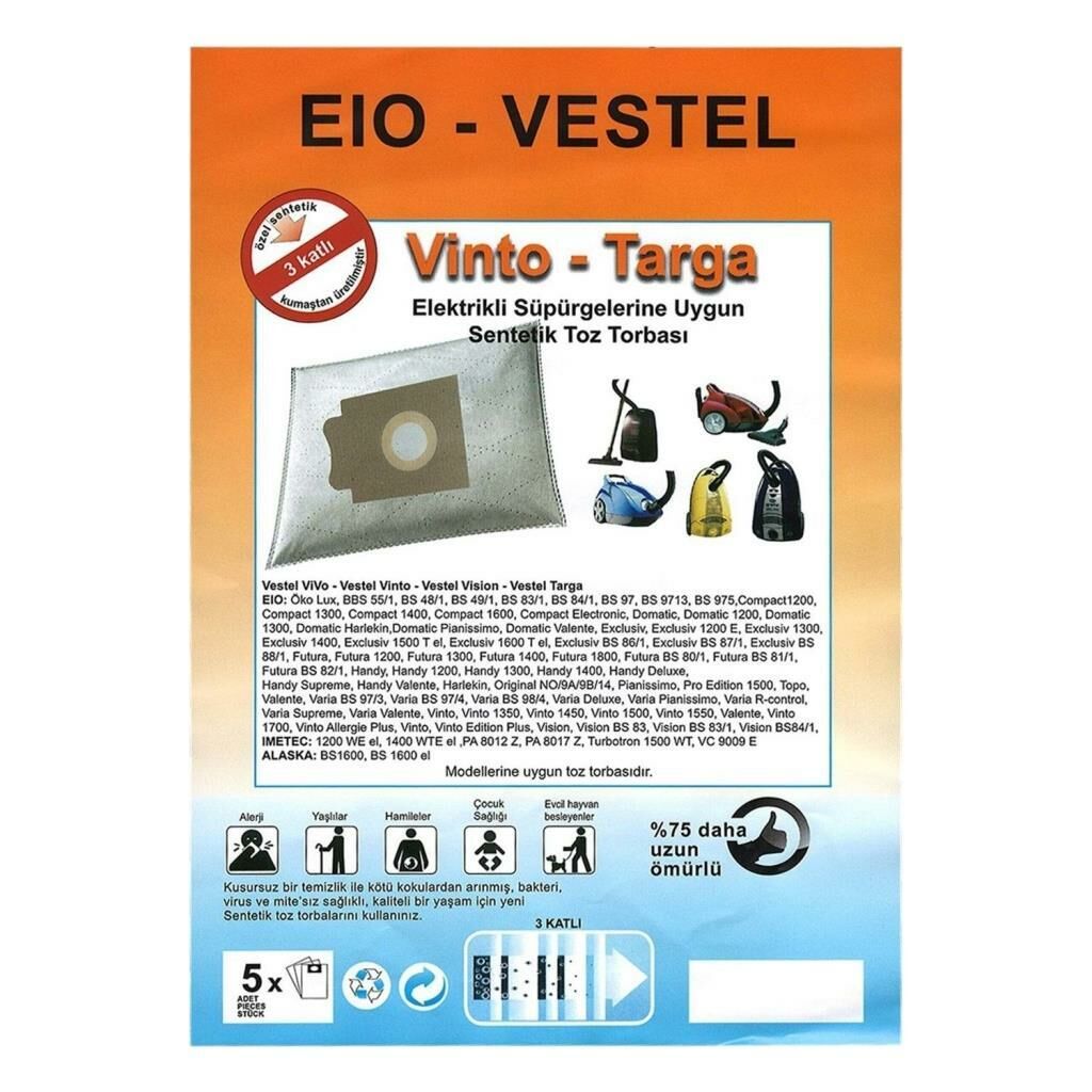 Abnturk  Özel Üretim 5 Adet Vestel ViVo-Vestel Vinto  Süpürge Toz Torbası Toz Salımı 0- 3 Kat Elyaf