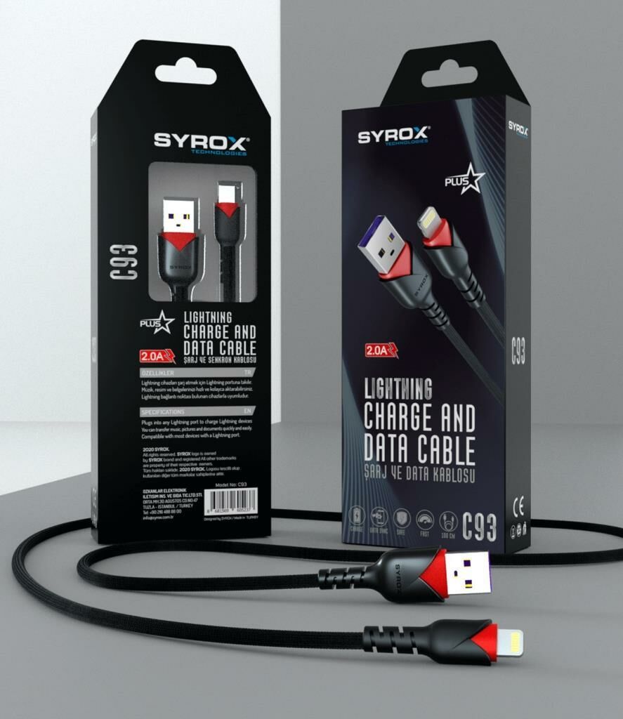 İphone telefonlar için Dayanıklı Örgü Kaplama  1 metre hızlı şarj 2.0Amper Syrox Lightning usb 100 cm c93