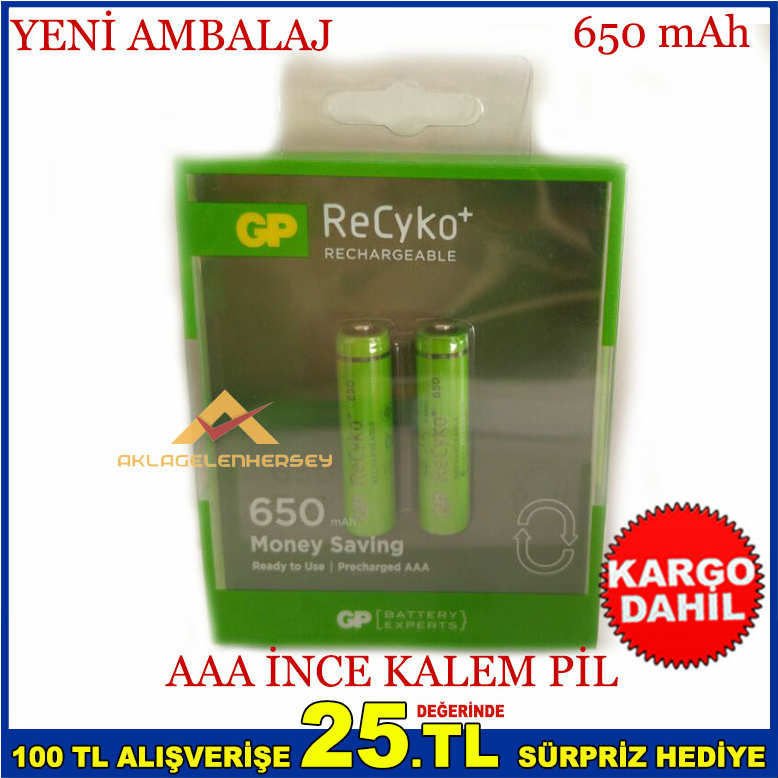 2 ADET GP RECYKO 650 MAH AA ŞARJLI KALEM PİL -1