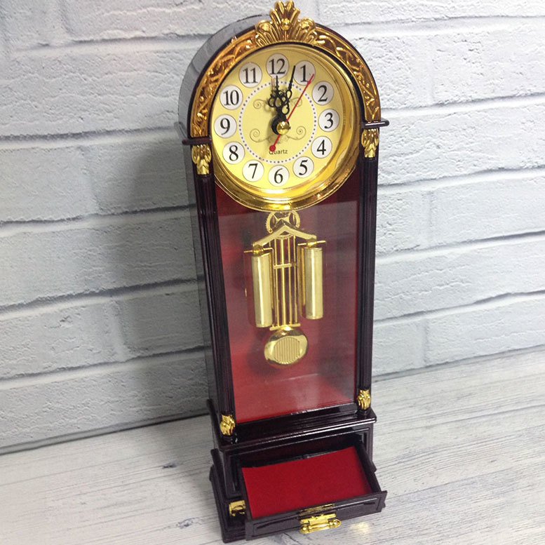 Antika Görünümlü Şık Tasarım Saat Çekmeceli Dekoratif Nostaljik Masa Saati 25x6cm Ebatında