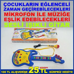 ÇOCUKLARIN MİKROFON İLE MÜZİĞE EŞLİK EDEBİLECEKLERİ SESLİ IŞIKLI GİTAR
