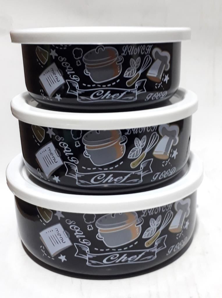 Temizlemesi Kolay Aşçı Desenli Emaye 3 Boy Kapaklı Saklama Kabı  Kaliteli Malzemeden Üretilmiştir