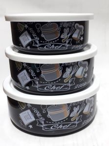 Temizlemesi Kolay Aşçı Desenli Emaye 3 Boy Kapaklı Saklama Kabı  Kaliteli Malzemeden Üretilmiştir