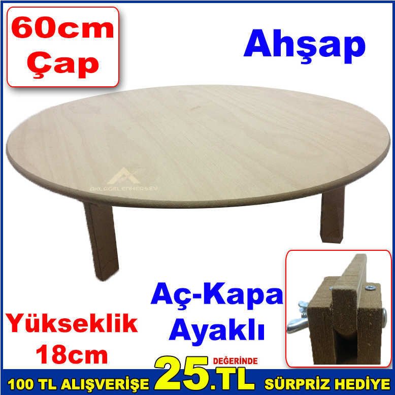 60cm Çapında Ahşap Yer Sofrası Katlanabilir Ayaklı Dayanıklı Yufka Açma Tahtası 18cm Yükseklik