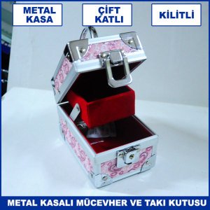 Metal Kasalı Kilitli Çift Katlı Kalp Desenli Mücevher ve Takı Kutusu - Metal Çanta Aksesuar Kutusu