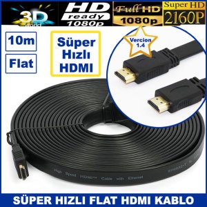 10m Süper Hızlı 3D Destekli Full HD Süper Hd 2160p 1.4 Vercion Flat HDMI Kablo-Görüntü ve Ses İçin