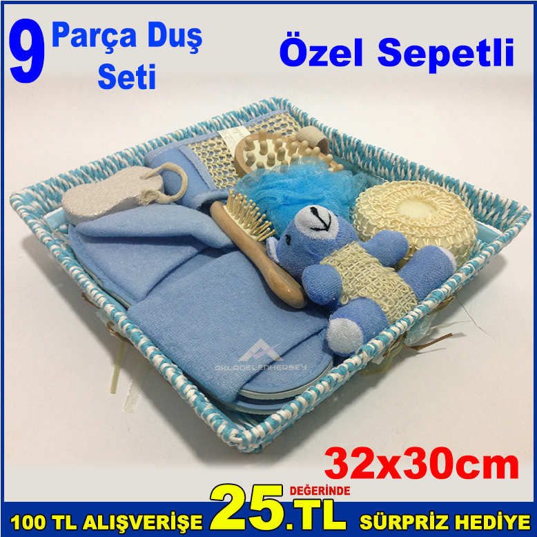 9 Parçadan Oluşan Duş Seti 32x30cm Ebatında Özel Sepetli Kese Seti Dekoratif ve Şık Sıpa Seti