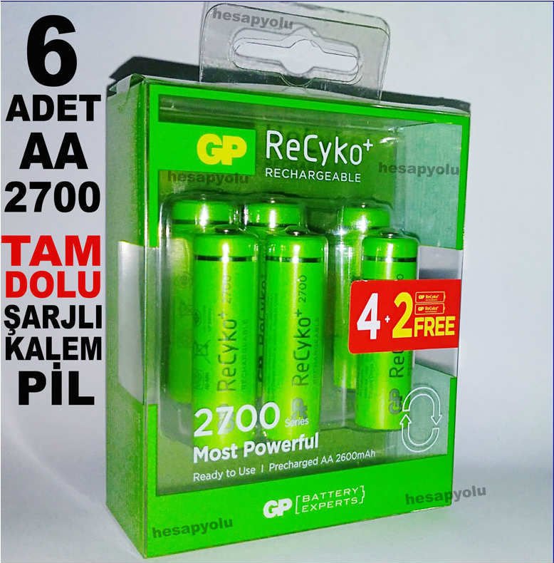 GP ReCyKo şarjlı kalem pil seti,4+2 promasyon paketi 6 adet GP ReCyko 2700mAh şarjlı AA kalem Pil