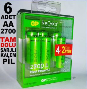 GP ReCyKo şarjlı kalem pil seti,4+2 promasyon paketi 6 adet GP ReCyko 2700mAh şarjlı AA kalem Pil