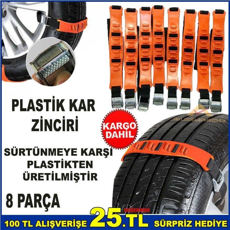 8 PARÇA SÜRTÜNMEYE ÖZEL MALZEMEDEN ÜRETİLMİŞ DEMİR APARATLI 2 ADET ELDİVENLİ PLASTİK KAR ZİNCİRİ