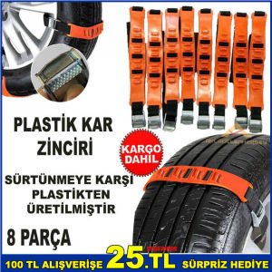 8 PARÇA SÜRTÜNMEYE ÖZEL MALZEMEDEN ÜRETİLMİŞ DEMİR APARATLI 2 ADET ELDİVENLİ PLASTİK KAR ZİNCİRİ