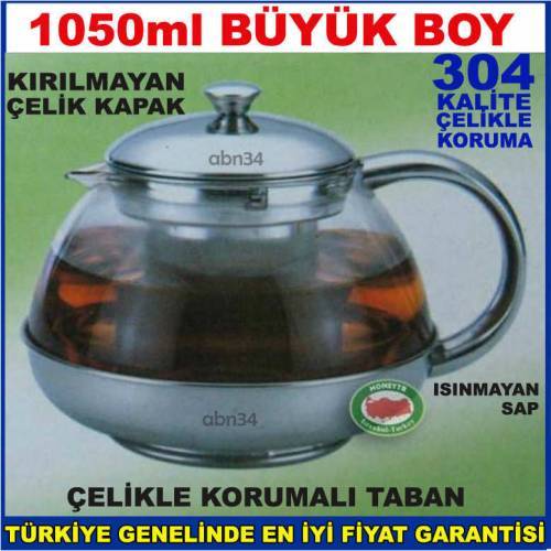 Çelik Muhafazalı 1050ml Büyük Boy Cam Demlik,Çay Makinası için Çaydanlık üstü Filtreli Cam Demlik