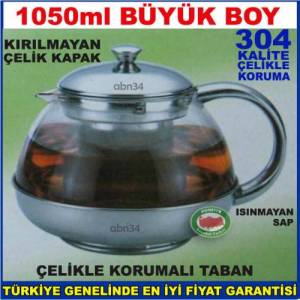 Çelik Muhafazalı 1050ml Büyük Boy Cam Demlik,Çay Makinası için Çaydanlık üstü Filtreli Cam Demlik