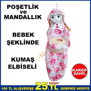 KUMAŞ ELBİSELİ BEBEK MODEL POŞETLİK VE MANDALLIK