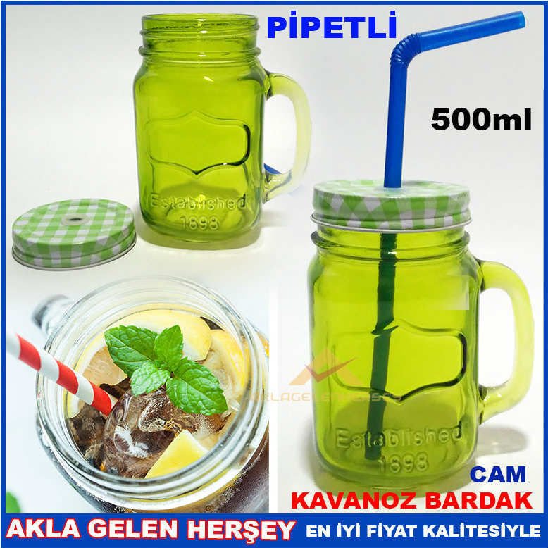 METAL KAPAK PİPETLİ CAM KAVANOZ İÇECEK KUPASI YŞ
