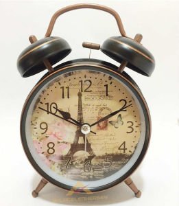 Retro Model Nostaljik Desenli Kahverengi Çelik Gövdeli Masaüstü Alarmlı Çalar Saat