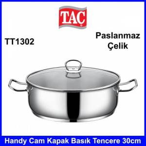 Taç TT1302 Handy Basık Çelik Cam Kapaklı Tencere Paslanmaz 30cm