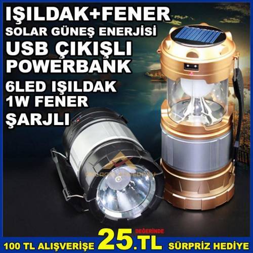 Şarjlı Ve Solar Güneş Enerjili Işıldak+Fener Çok Fonksiyonlu Katlanır Model 1w Fener+6 Led Işıldak