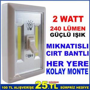 Heryere Kolayca Monte Edilebilen Aç Kapa Anahtarlı Kablosuz Lamba 2watt Cob Led Güçlü Işıldak Fener
