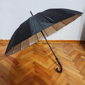 İç Yüzeyi Metalik Gri, Dışı Siyah, 16 Telli Baston Unısex Şemsiye 80 cm Uzunluk, 100 cm Açık Çap