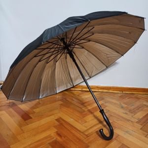 İç Yüzeyi Metalik Gri, Dışı Siyah, 16 Telli Baston Unısex Şemsiye 80 cm Uzunluk, 100 cm Açık Çap