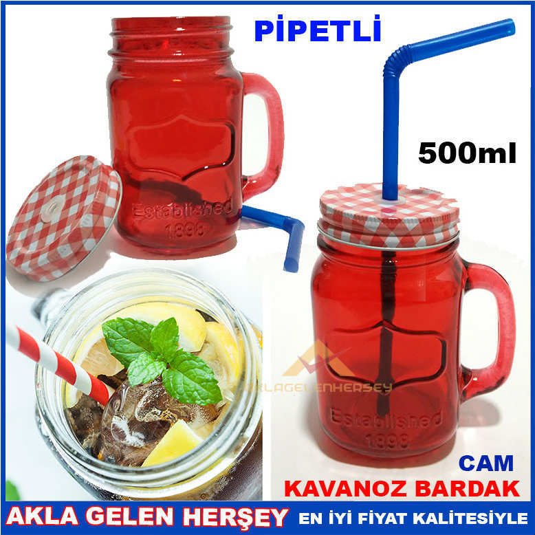 METAL KAPAK PİPETLİ CAM KAVANOZ İÇECEK KUPASI KI