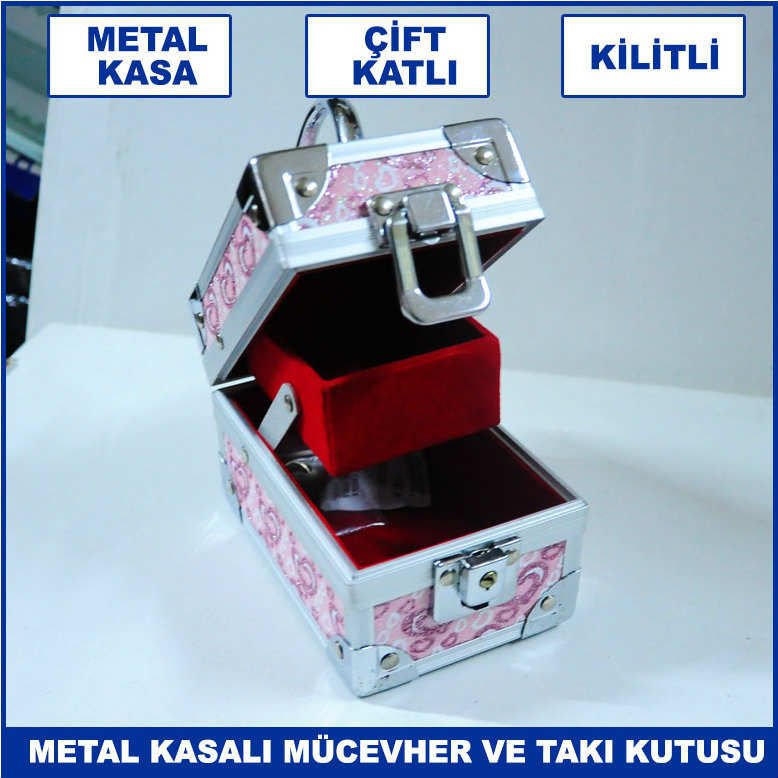 Metal Kasalı Kilitli Çift Katlı Kalp Desenli Mücevher ve Takı Kutusu - Metal Çanta Aksesuar Kutusu