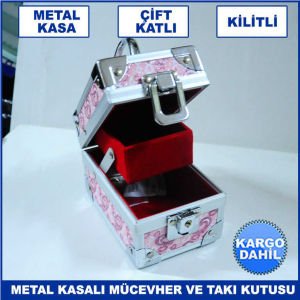 Metal Kasalı Kilitli Çift Katlı Kalp Desenli Mücevher ve Takı Kutusu - Metal Çanta Aksesuar Kutusu
