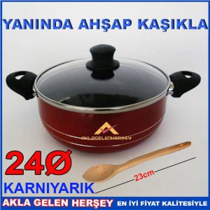 Cam kapaklı 3 kat teflon kaplama en sağlıklı tencere AHŞAP KAŞIK HEDİYELİ DERİN 24cm TEFLON TENCERE