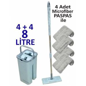 Microfiber Tablet Mop 4 Paspaslı Temizlik Seti 4+4=8 Litre Kova+Metal Sap 4 adet Paspas Fiyata Dahil