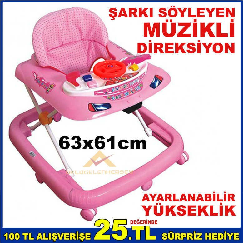 AYARLANABİLİR AYAKLI DİREKSİYONLU ŞARKI SÖYLEYEN ve MÜZİKLİ YÜRÜMEYİ ÖĞRETEN YÜRÜTEÇ PEMBE