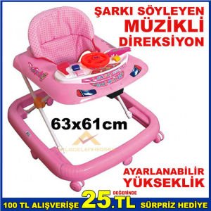 AYARLANABİLİR AYAKLI DİREKSİYONLU ŞARKI SÖYLEYEN ve MÜZİKLİ YÜRÜMEYİ ÖĞRETEN YÜRÜTEÇ PEMBE