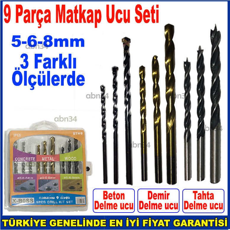 Çok Fonksiyonlu Beton, Demir, Ahşap 9 Parça Değişik Ölçülerde Matkap Ucu Seti