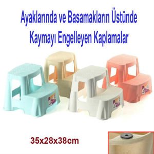 Jolly 2 Katlı Basamaklı Merdiven 35x28x38cm Ebatında Kaymayı Önleyen Plakalı Renkli Tabure