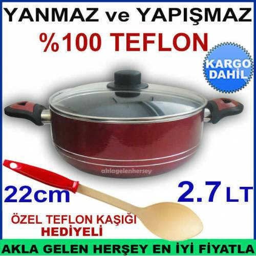 TEFLON KAŞIĞI HEDİYELİ 22cm CAM KAPAKLI YANMAZ YAPIŞMAZ TEFLON TENCERE